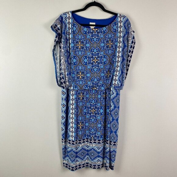 Chicos Mixed Print Blue Multi Blouson Slimming Layered Dress Size 2 US L Blue - Picture 1 of 12